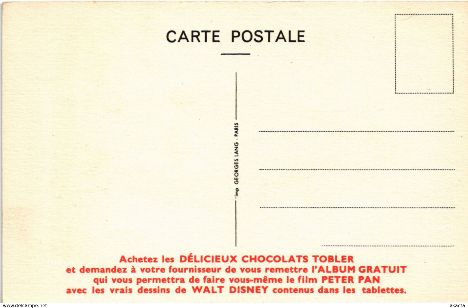 PC DISNEY, TOBLER, PETER PAN, Vintage Postcard (b52867) - Disneyworld