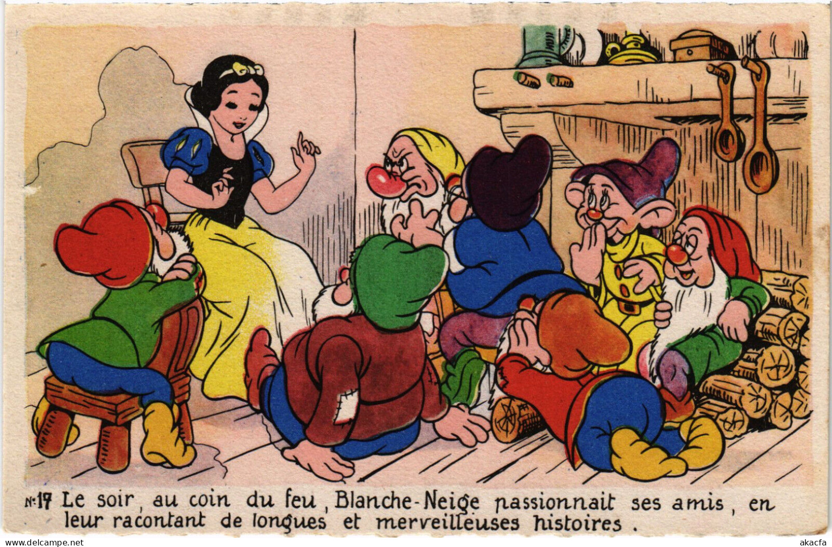 PC DISNEY, SNOW WHITE, LE SOIR AU COIN DU FEU, Vintage Postcard (b52837) - Disneyworld