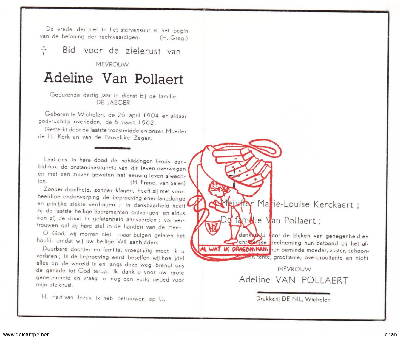 DP Dienstmeid Fam. De Jaeger - Adeline Pollaert ° Wichelen 1904 † 1962 // Kerckaert - Images Religieuses