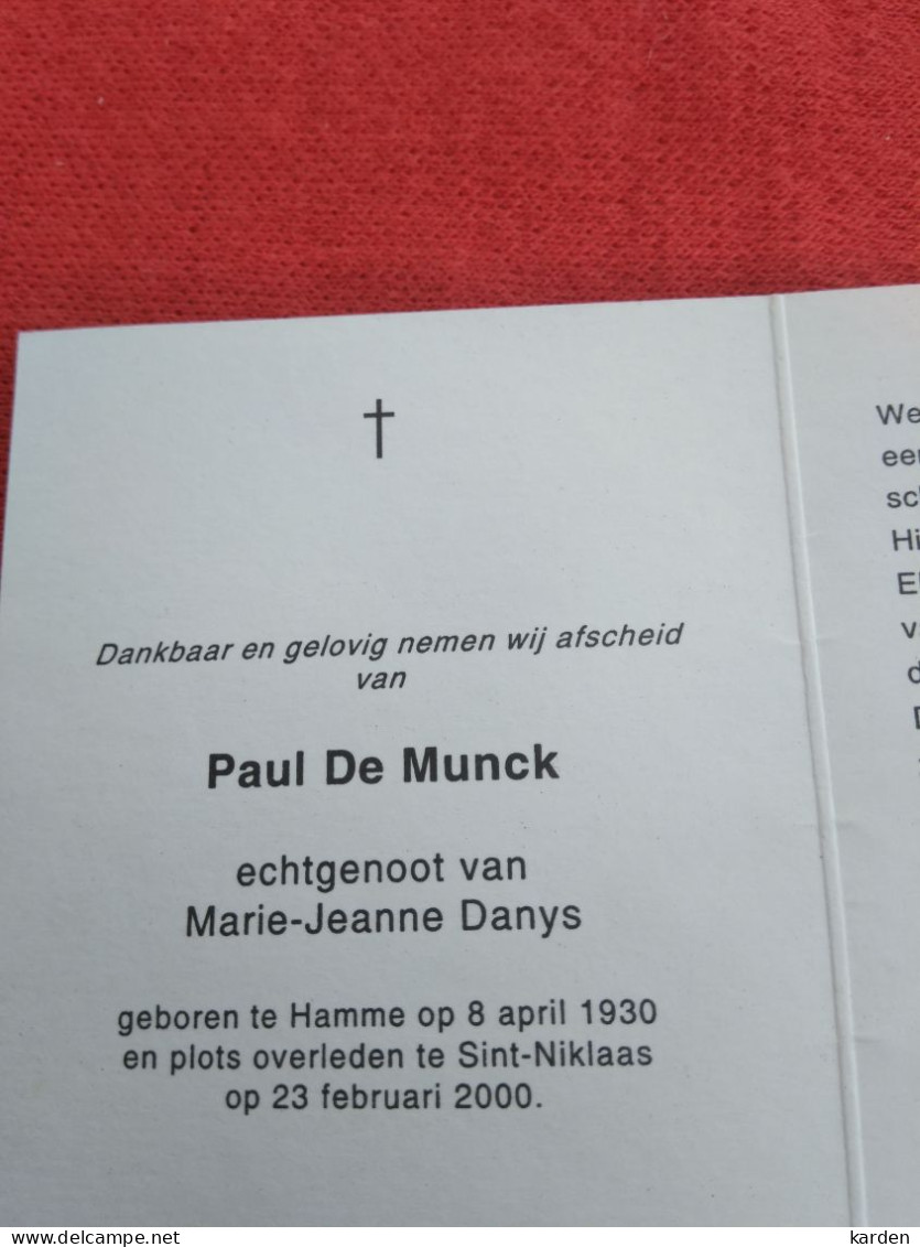 Doodsprentje Paul De Munck / Hamme 8/4/1930 Sint Niklaas 23/2/2000 ( Marie Jeanne Danys ) - Religión & Esoterismo