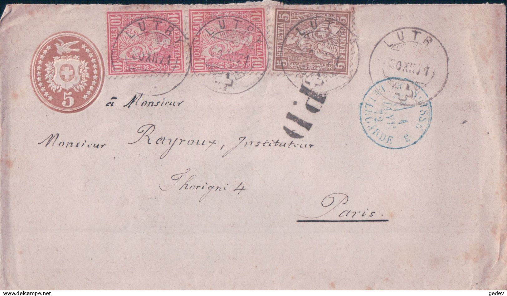 Suisse, Lettre Entier Postal 5 Ct Brun Clair, PD Noir + 3 Timbres, Lutry - Pontarlier - Paris, 30 Xll 1871 - Ganzsachen