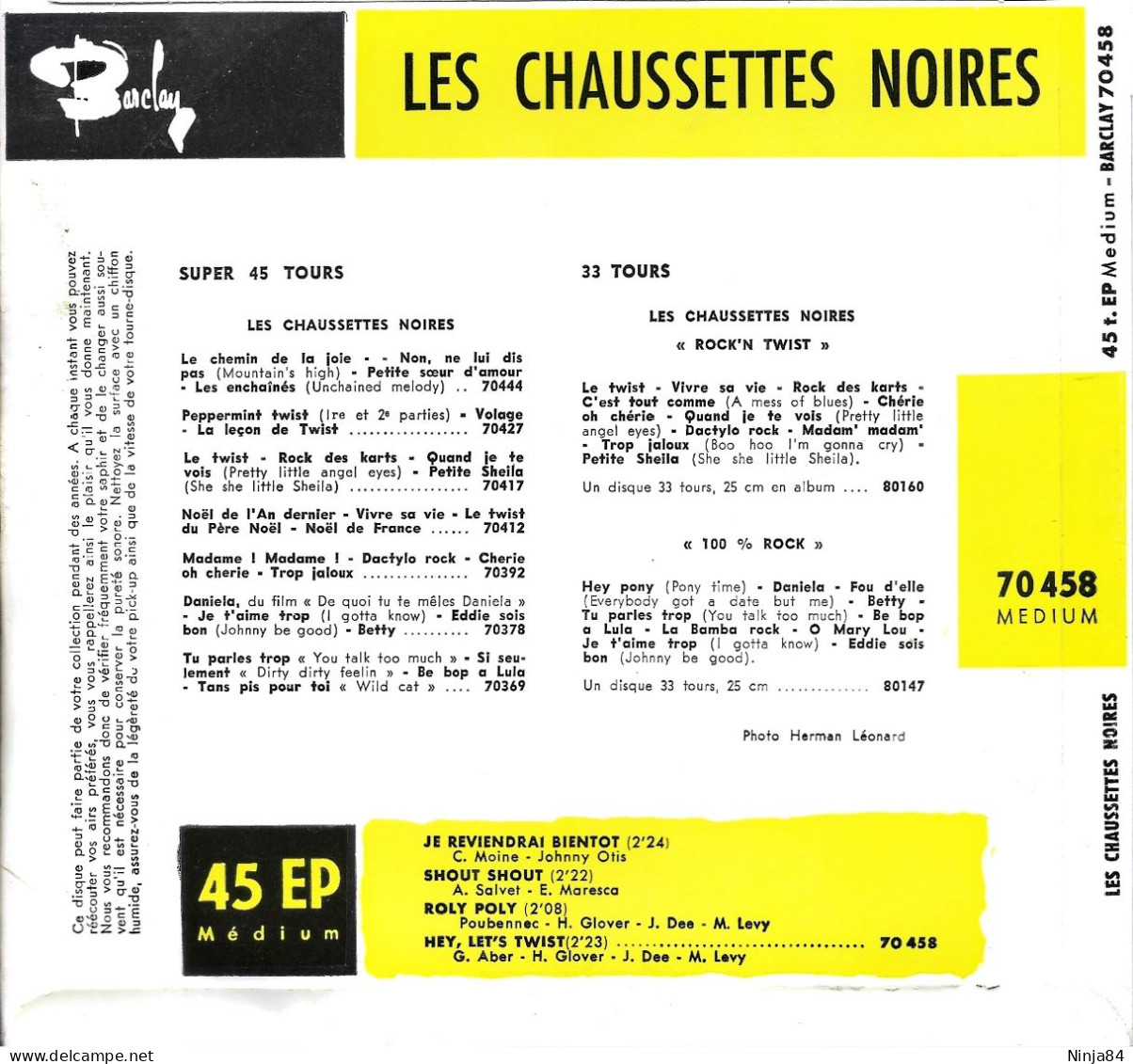 EP 45 RPM (7") Les Chaussettes Noires  "  Je Reviendrai Bientôt  " - Otros - Canción Francesa