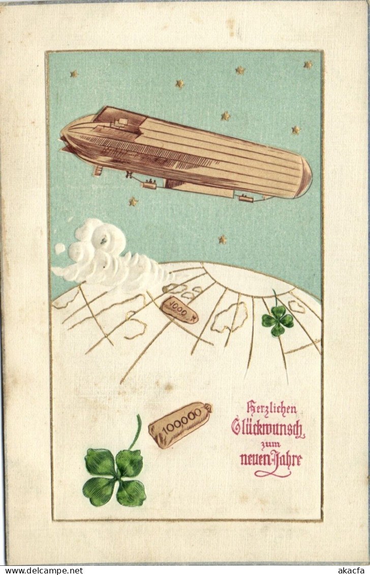 PC CPA ZEPPELIN FANTASY AVIATION SURREALISM NEW YEAR VINTAGE POSTCARD (b53305) - Dirigeables