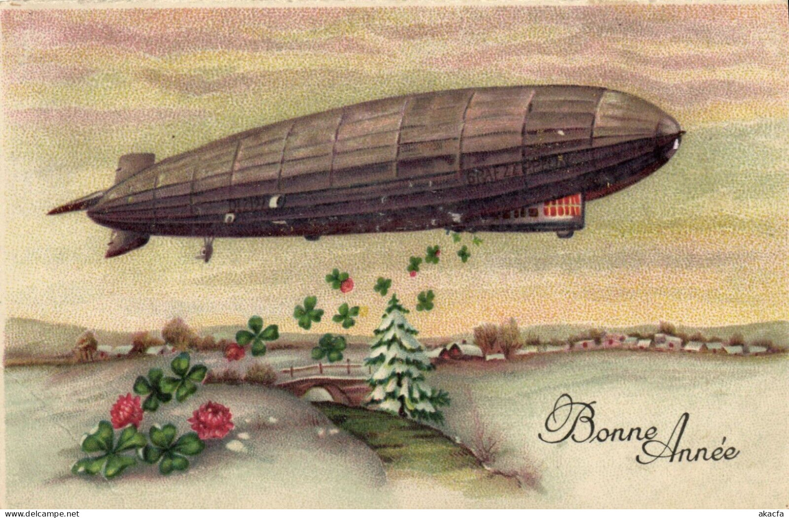 PC CPA ZEPPELIN FANTASY AVIATION SURREALISM NEW YEAR VINTAGE POSTCARD (b53320) - Zeppeline