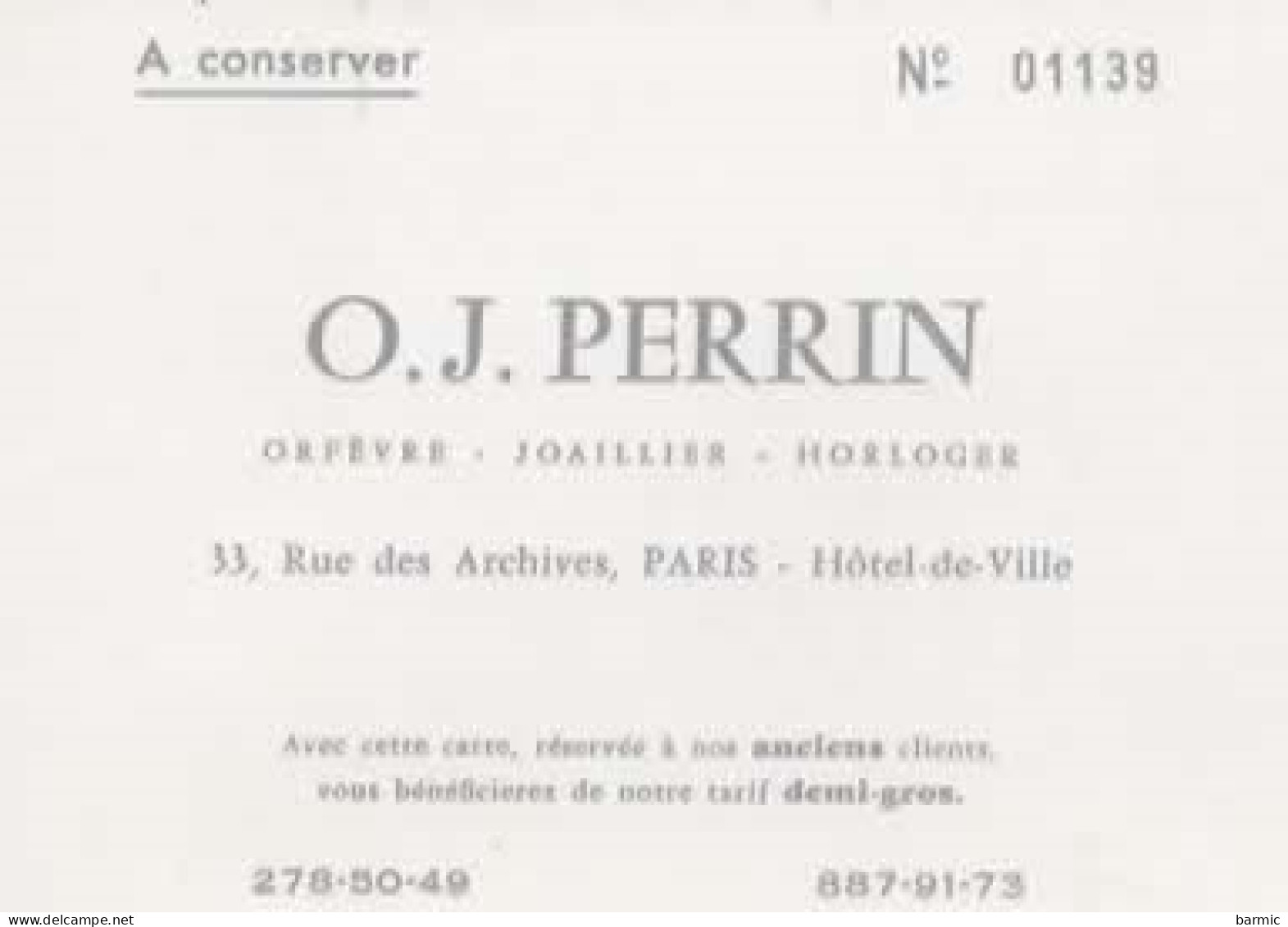 CARTE DE VISITE, O.J. PERRIN,  33 RUE DES ARCHIVES PARIS  REF 15670 - Cartes De Visite