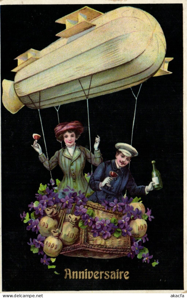 PC CPA ZEPPELIN FANTASY AVIATION SURREALISM COUPLE VINTAGE POSTCARD (b53297) - Aeronaves