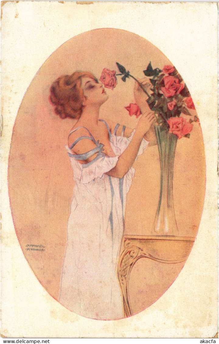 PC KIRCHNER, ART NOUVEAU, ROSE RESPIRANT UNE FEMME, Vintage Postcard (b53287) - Kirchner, Raphael