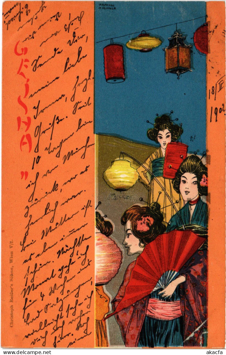 PC KIRCHNER, ART NOUVEAU, GEISHA, GIRLS WITH LANTERNS, Vintage Postcard (b53280) - Kirchner, Raphael