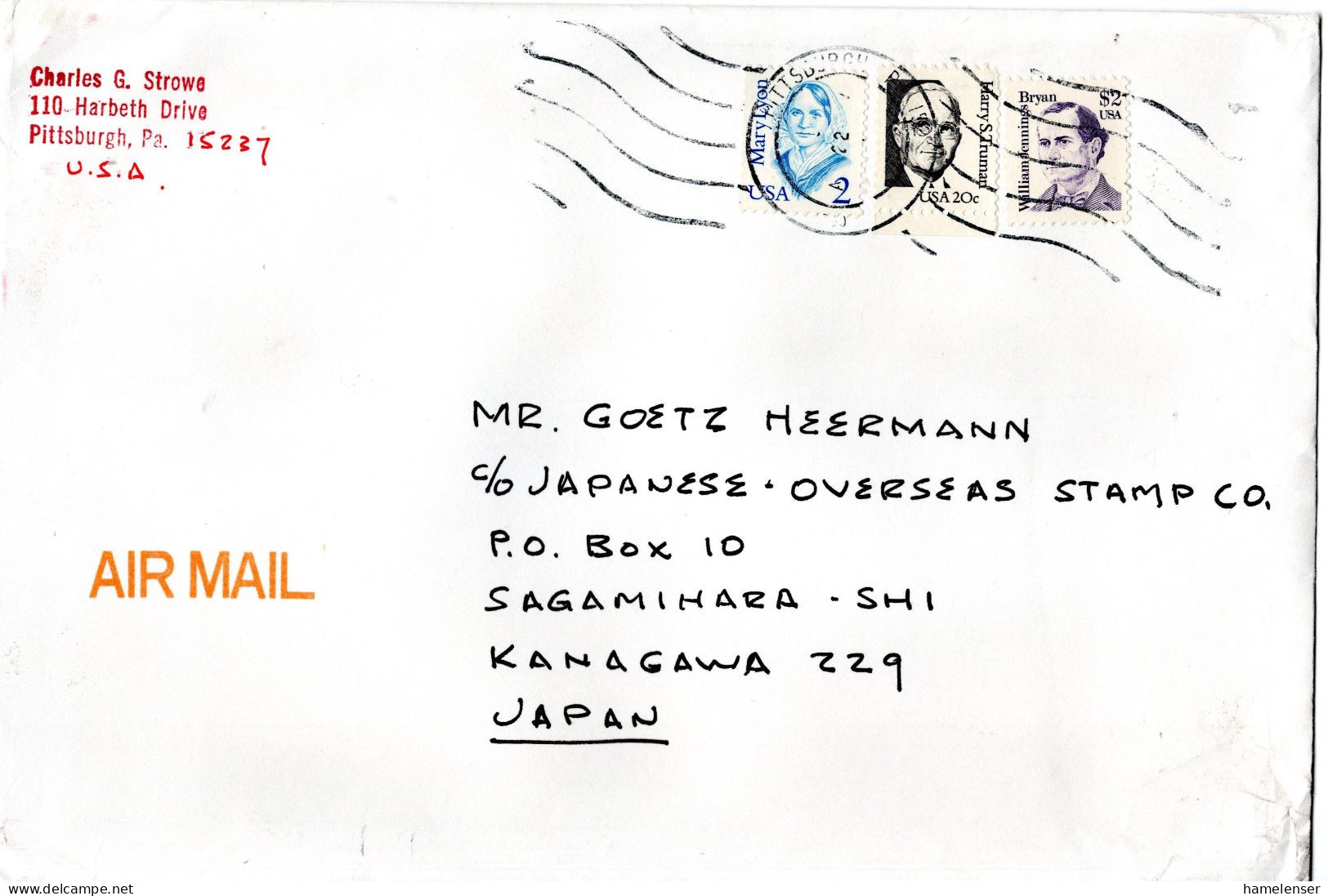 L77531 - USA - 1989 - $2 Bryan MiF A LpBf PITTSBURGH, PA -> Japan - Storia Postale