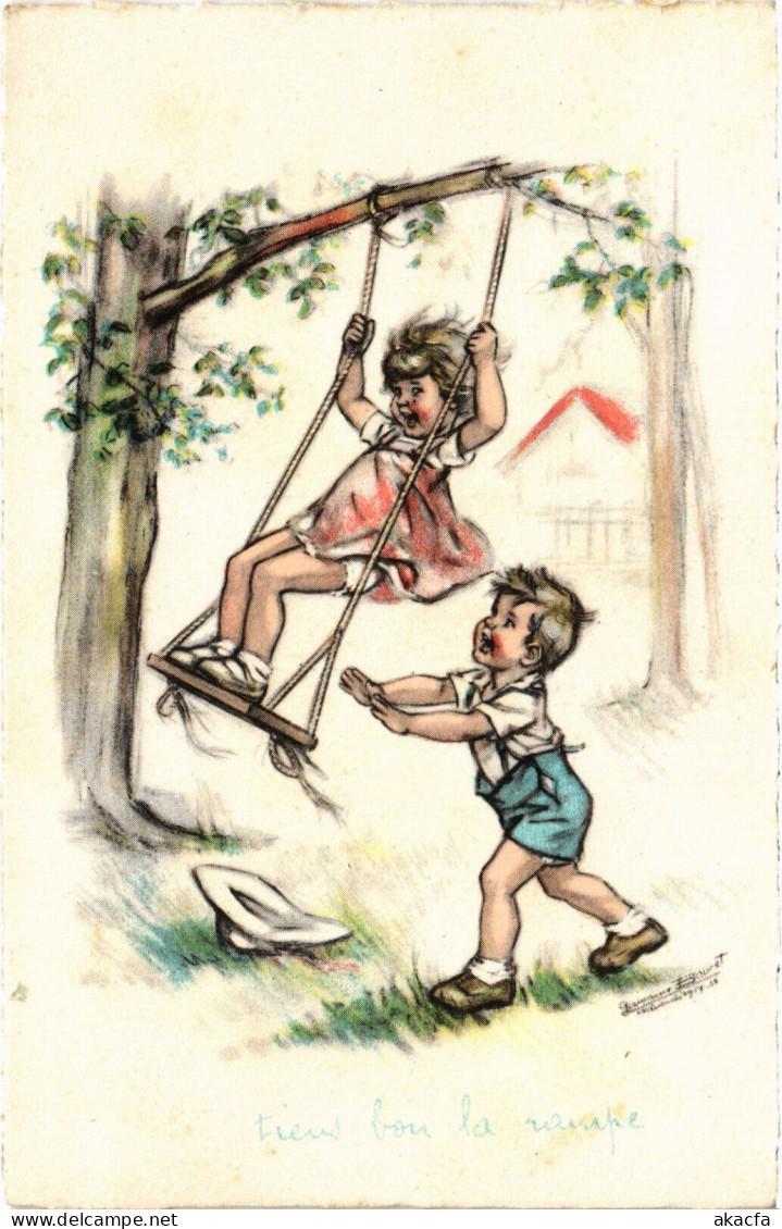 PC ARTIST SIGNED, BOURET, CHILDREN ON A SWING, Vintage Postcard (b53145) - Bouret, Germaine