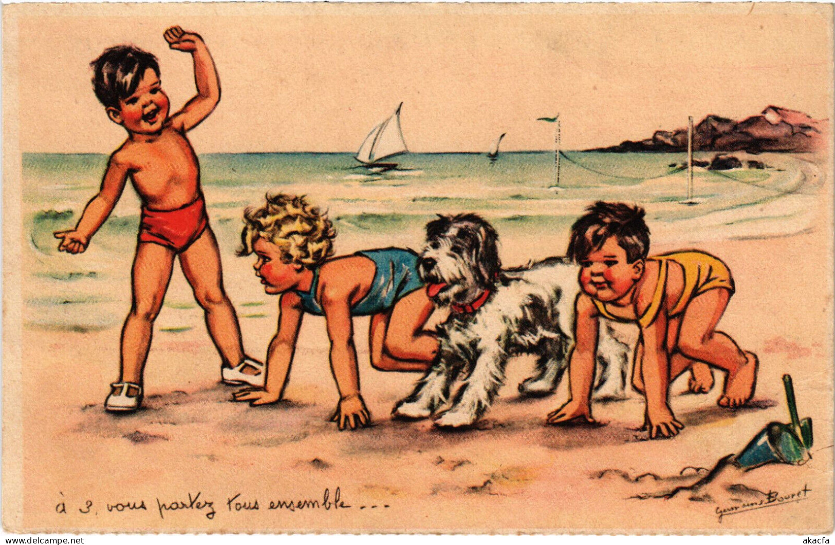 PC ARTIST SIGNED, BOURET, CHILDREN WITH DOG, Vintage Postcard (b53129) - Bouret, Germaine