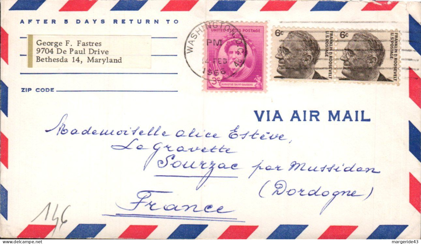 USA ETATS UNIS AFFRANCHISSEMENT COMPOSE SUR LETTRE POUR LA FRANCE 1966 - Briefe U. Dokumente