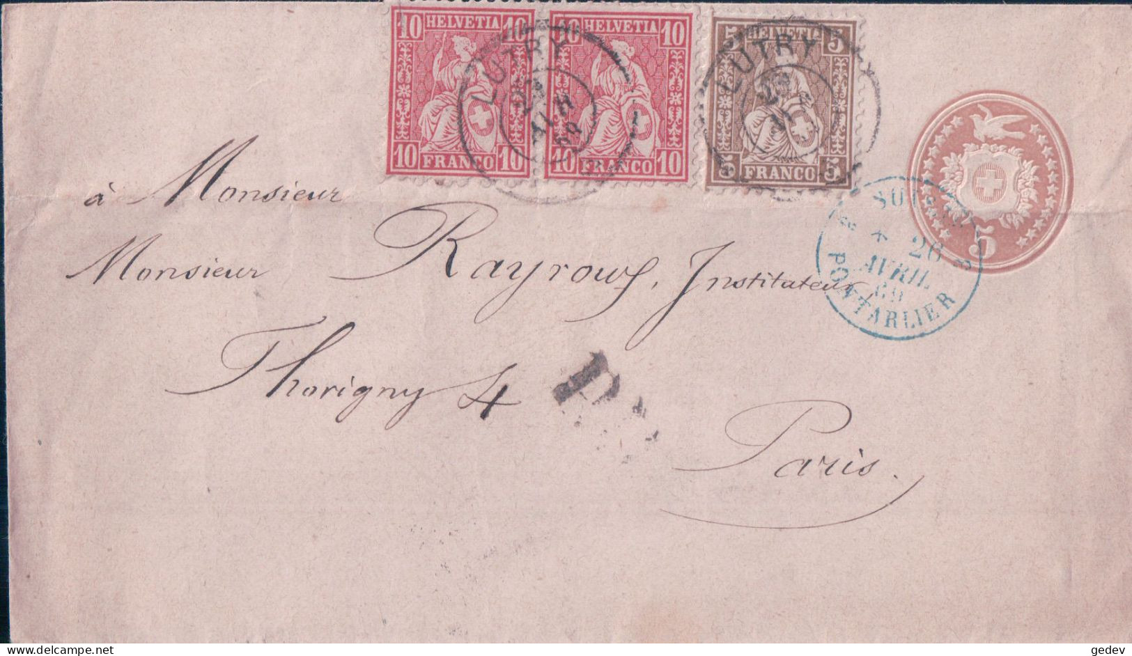 Suisse, Lettre Entier Postal 5 Ct Brun Clair, PD Noir + 3 Timbres, Lutry - Pontarlier - Paris, 25 AVR 1869 - Ganzsachen