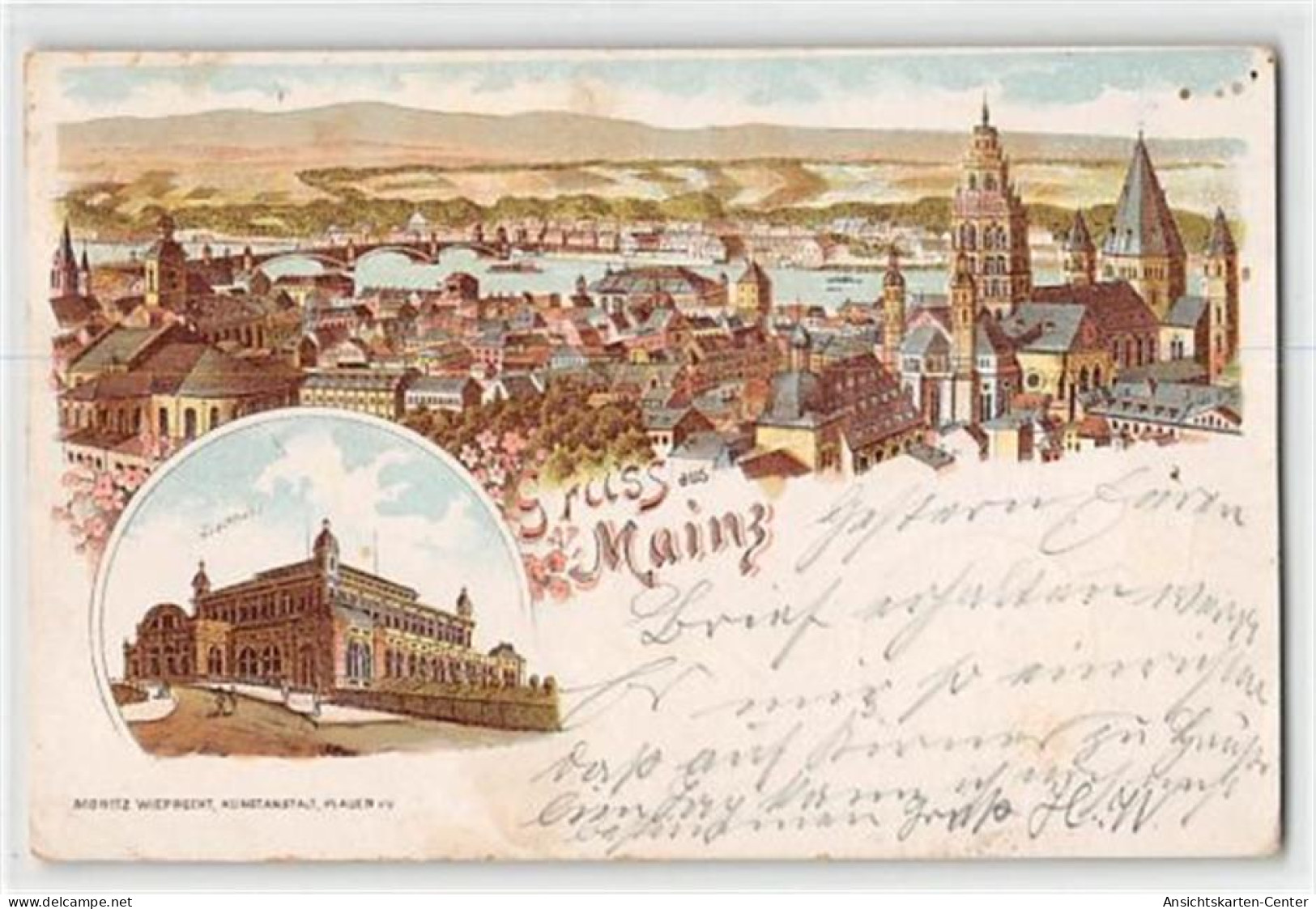 39127104 - Colorierte Lithographie Mainz Am Rhein. Gesamtansicht Und Stadthalle Gelaufen Kleiner Knick Rueckseite Versa - Mainz