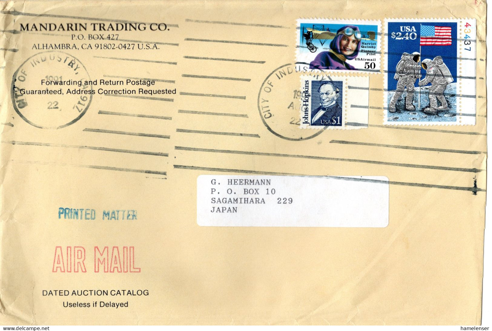 L77534 - USA - 1991 - $2,40 Mondlandung MiF A LpBf CITY OF INDUSTRY, CA -> Japan - Storia Postale