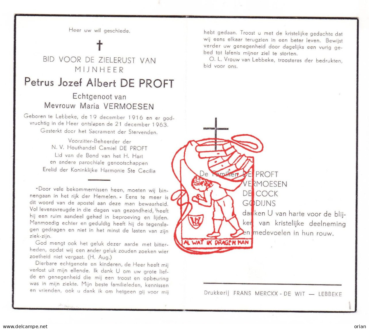 DP Voorz. Beheerder Houthandel De Proft - Petrus Jozef De Proft 47j. ° Lebbeke 1916 † 1963 Vermoesen // De Cock Godijns - Images Religieuses