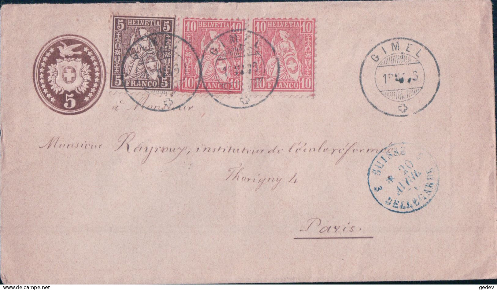 Suisse, Lettre Entier Postal 5 Ct Brun + 3 Timbres, Gimel - Pontarlier - Paris, 18 IV 1876 - Enteros Postales