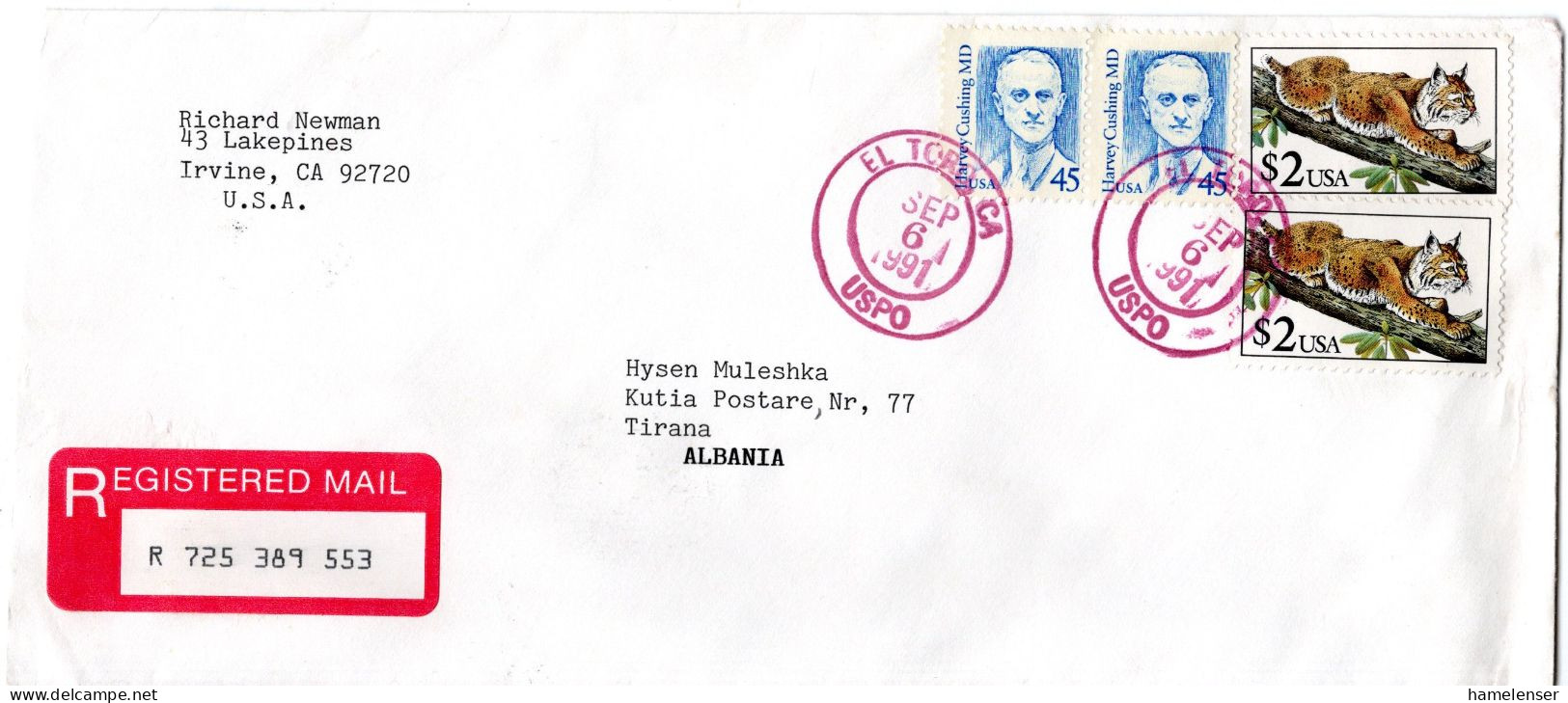 L77535 - USA - 1991 - 2@$2 Luchs MiF A R-Bf EL TORO, CA -> TIRANE (Albanien) - Briefe U. Dokumente