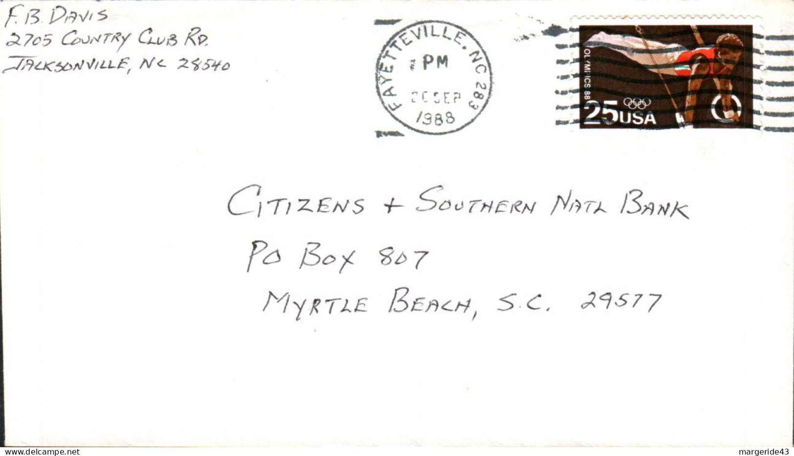 USA ETATS UNIS SEUL SUR LETTRE DE FAYETTEVILLE 1988 - Covers & Documents