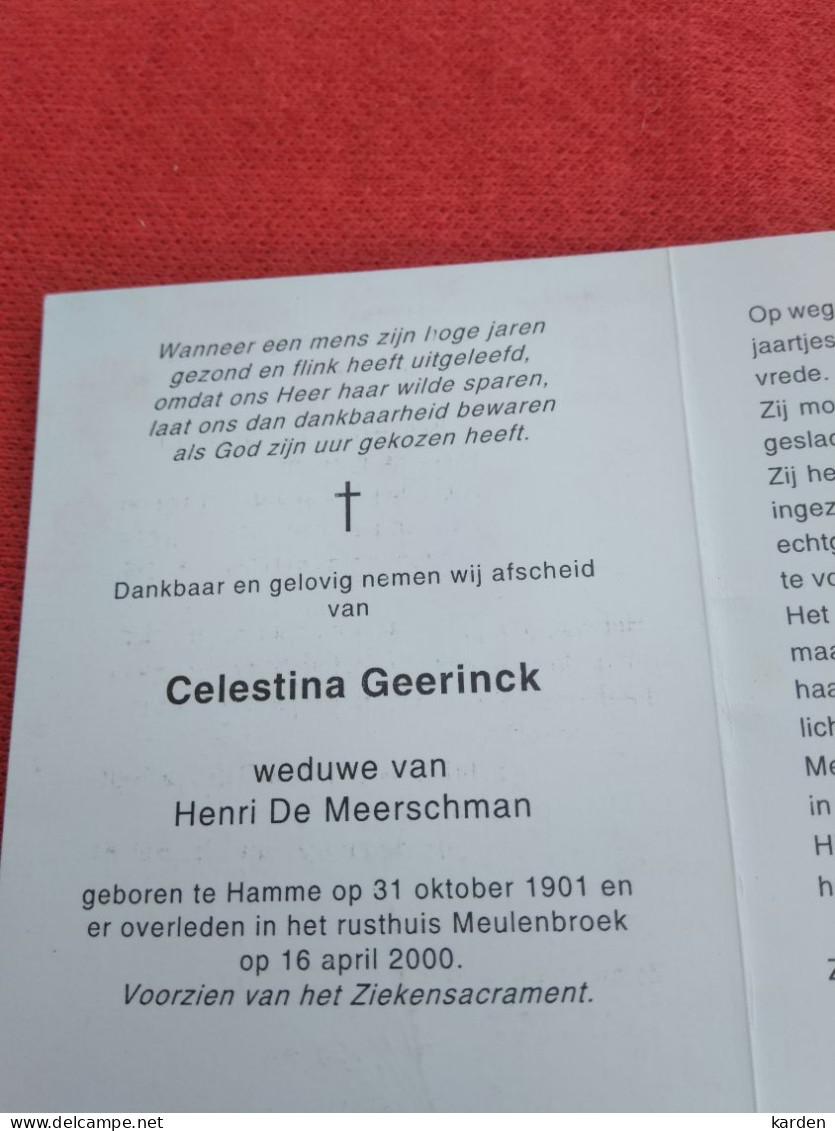 Doodsprentje Celestina Geerinck / Hamme 31/10/1901 - 16/4/2000 ( Henri De Meerschman ) - Godsdienst & Esoterisme