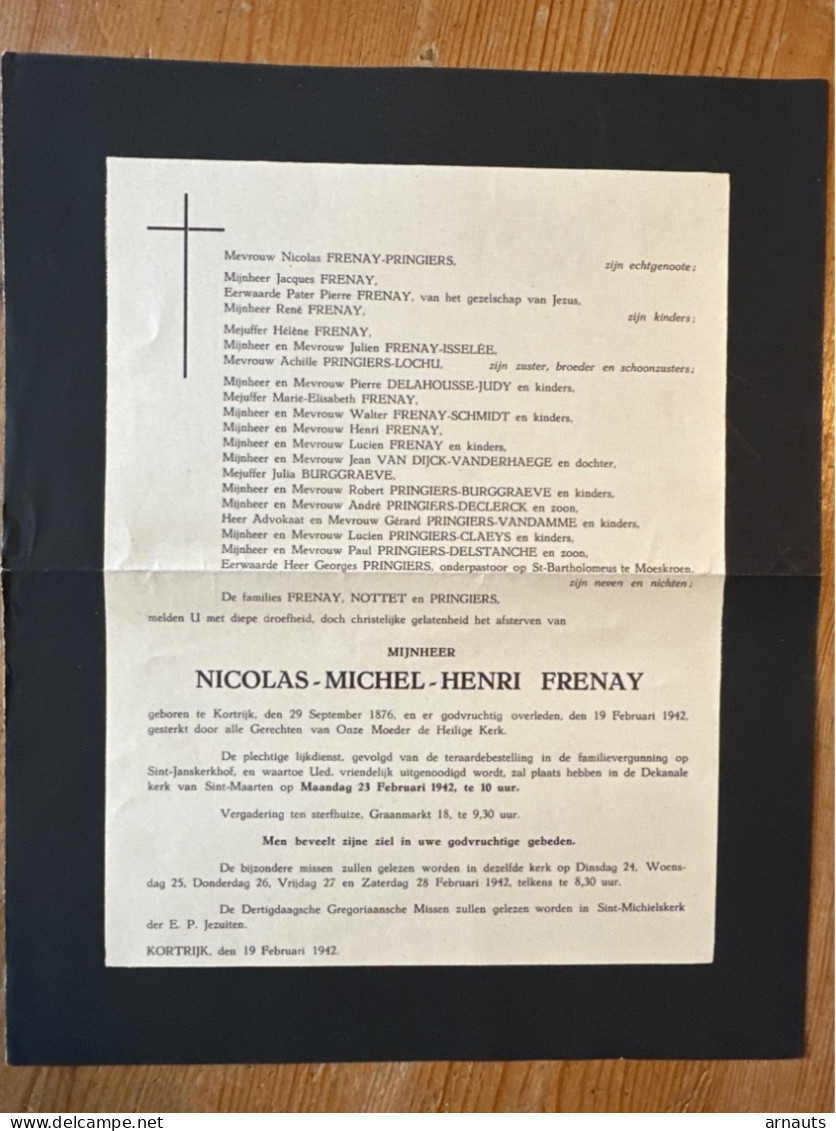 Nicolas Frenay *1876 Kortrijk +1942 Kortrijk Echtg Pringiers Isselee Lochu Delahousse Van Dijck Burggraeve Claeys Nottet - Décès