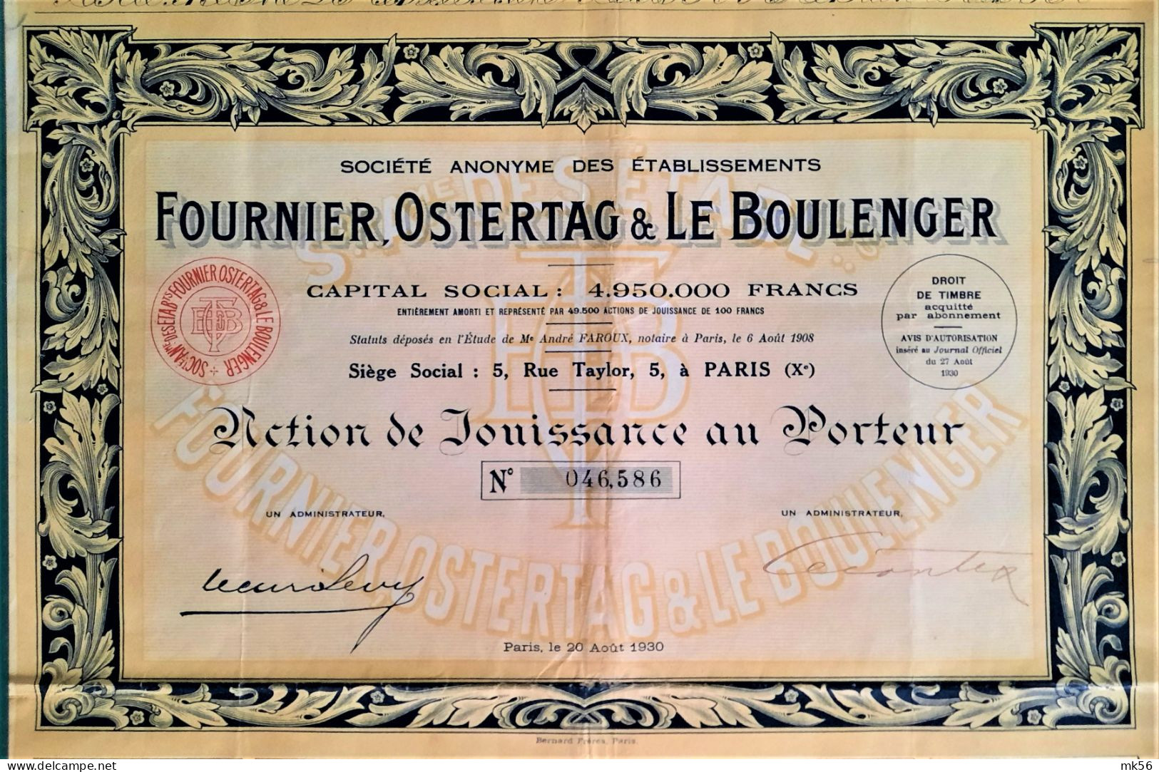 S.A. Des Etablissements Fournier, Ostertag & Le Boulenger - Paris - 1930 - Andere & Zonder Classificatie