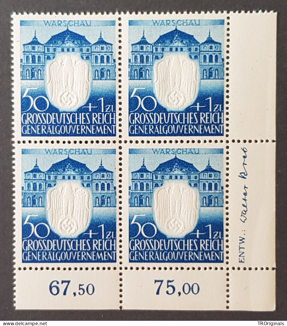 GERMANY THIRD 3rd REICH 1943 ORIGINAL POLAND OCC. GENERAL GOVERNMENT NSDAP 3RD ANN. MARGIN BLOCK MNH - Occupation 1938-45