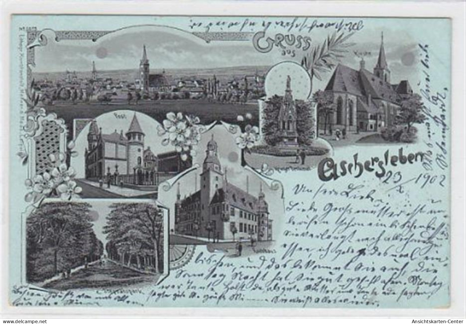 39003504 - Mondschein Lithographie. Gruss Aus Aschersleben. Totalansicht Post Kirche Krieger Denkmal Rathhaus Stephansp - Aschersleben