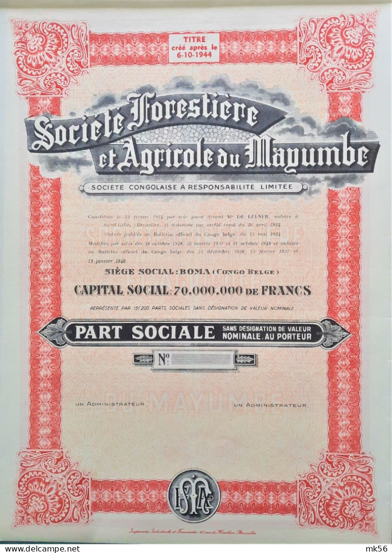 Société Forestière Et Agricole Du Mayumbe - 1949 - UNC - Afrika