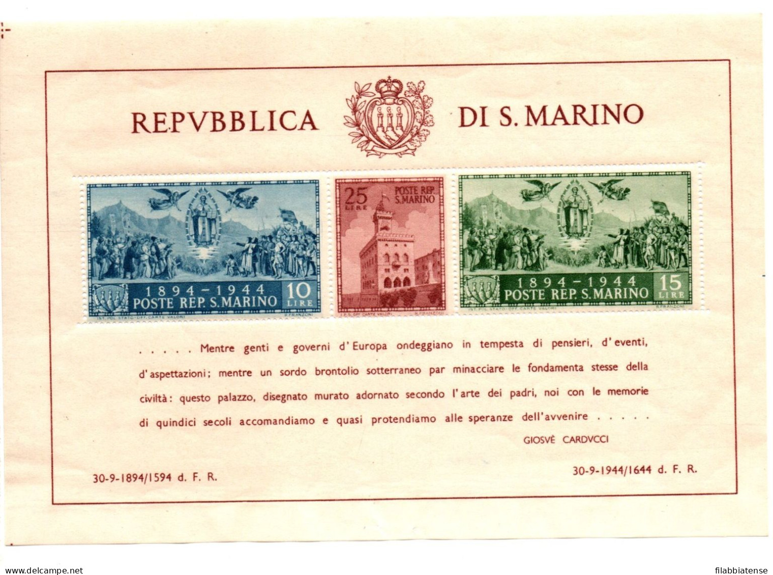 1945 - San Marino BF 6 Carducci   +++++++ - Ungebraucht