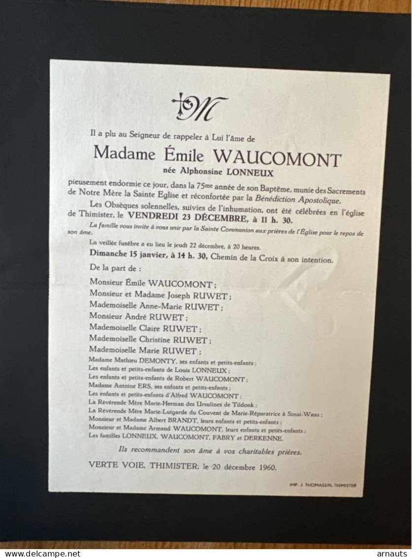 Madame Emile Waucomont Nee Lonneux Alphonsine *1886+1960 Thimister Verte Voie Fabry Derkenne Ruwet Brandt Demonty Ers - Décès