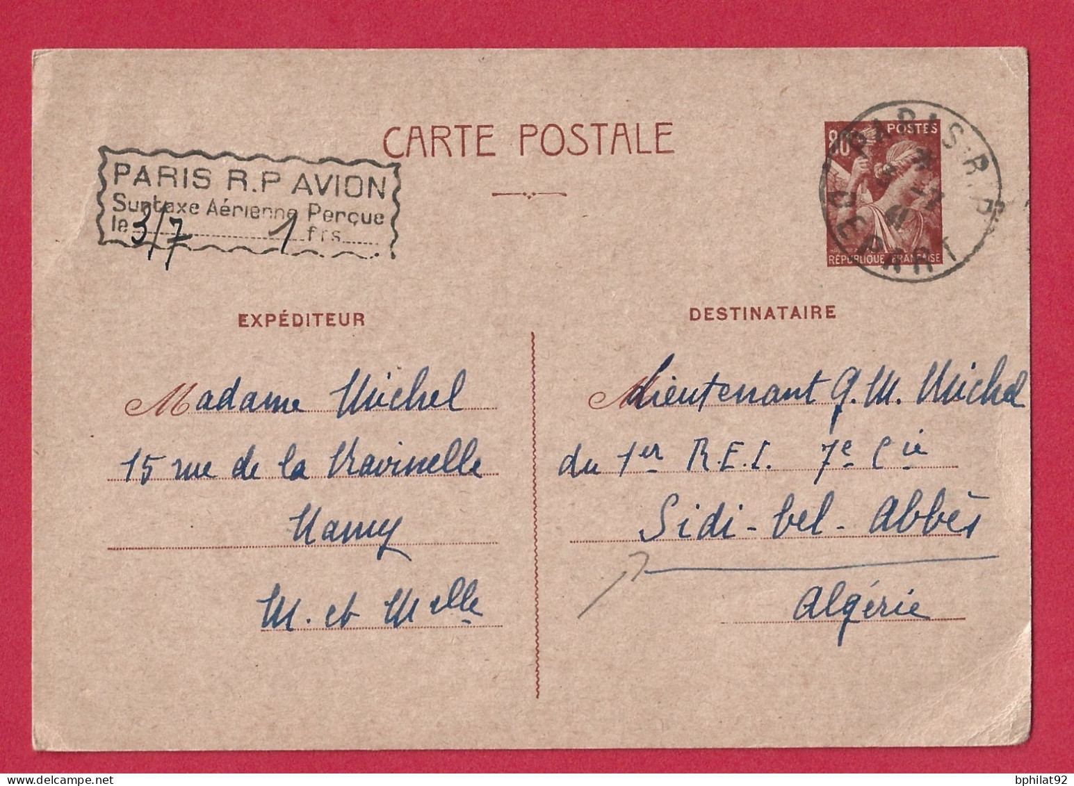 !!! ENTIER POSTAL IRIS À 80C AVEC SURTAXE AÉRIENNE, DE LA FRANCE POUR UN LÉGIONNAIRE À SIDI BEL ABBÈS, ALGÉRIE DE 1941 - Cartas & Documentos