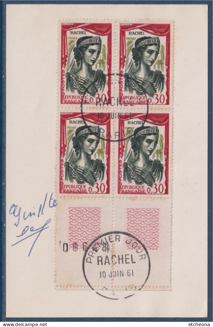 Comédiens Français "Rachel" Bloc De 4 Sur Fragment Carton 1er Jour N°1303 Oblitéré Paris 10 Juin 61 - Used Stamps