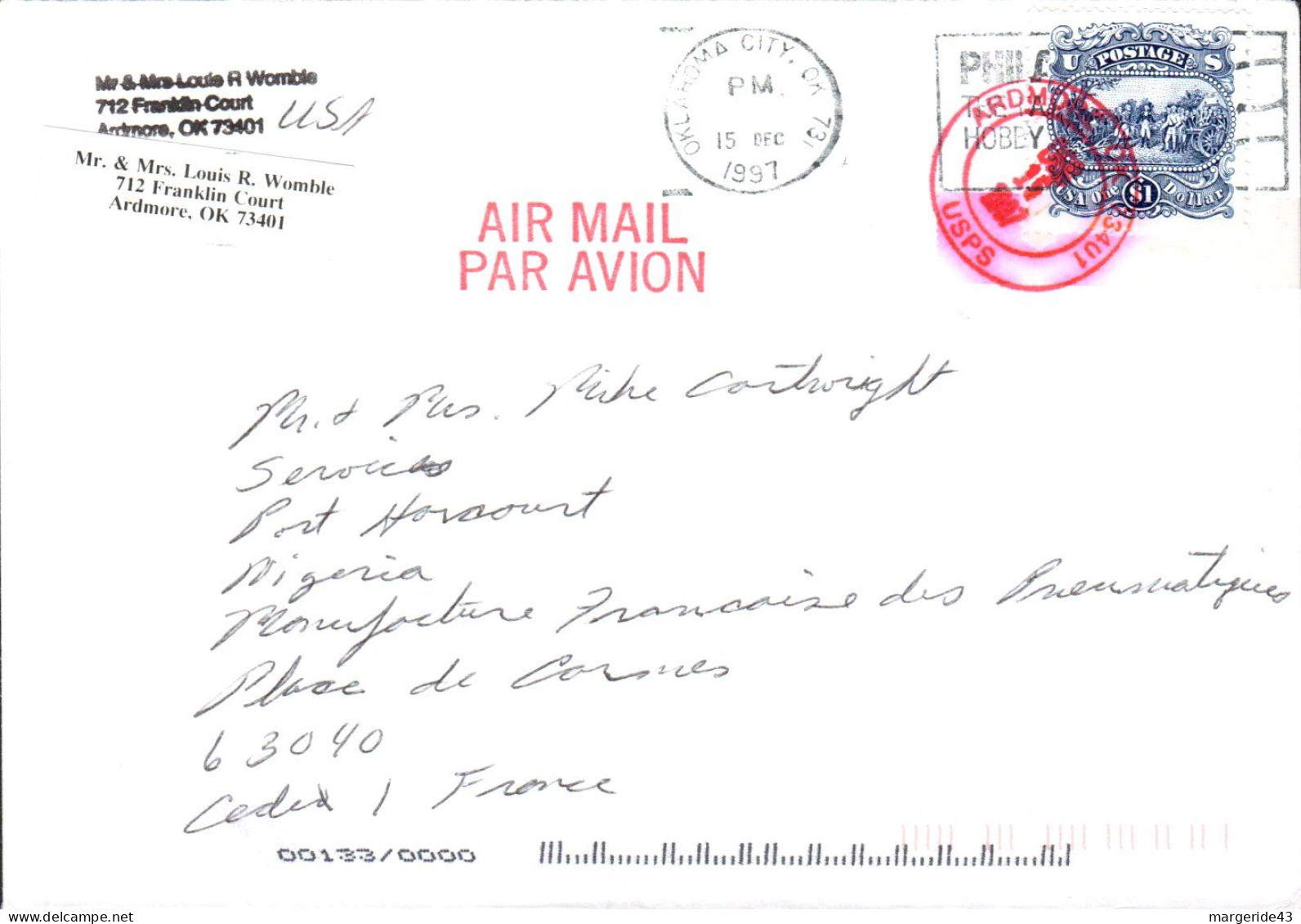 USA ETATS UNIS SEUL SUR LETTRE DE OKLAHOMA CITY POUR LA FRANCE 1997 - Cartas & Documentos