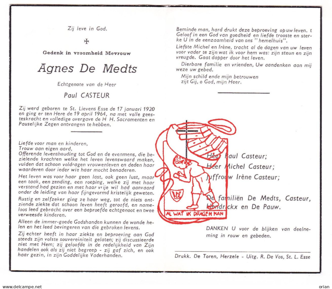 DP Agnes De Medts 44j. ° Sint-Lievens-Esse Herzele 1920 † 1964 X Paul Casteur // Hendrickx De Pauw - Andachtsbilder