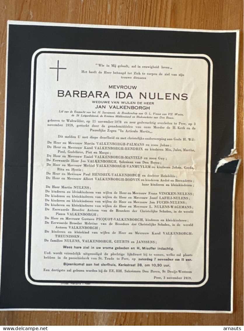 Mevrouw Barbara Ida Nulens Wed Valkenborgh Jan *1878 Waltwilder +1959 Peer Palmans Hendrix Mantels Bodvin Vanmuylem - Décès