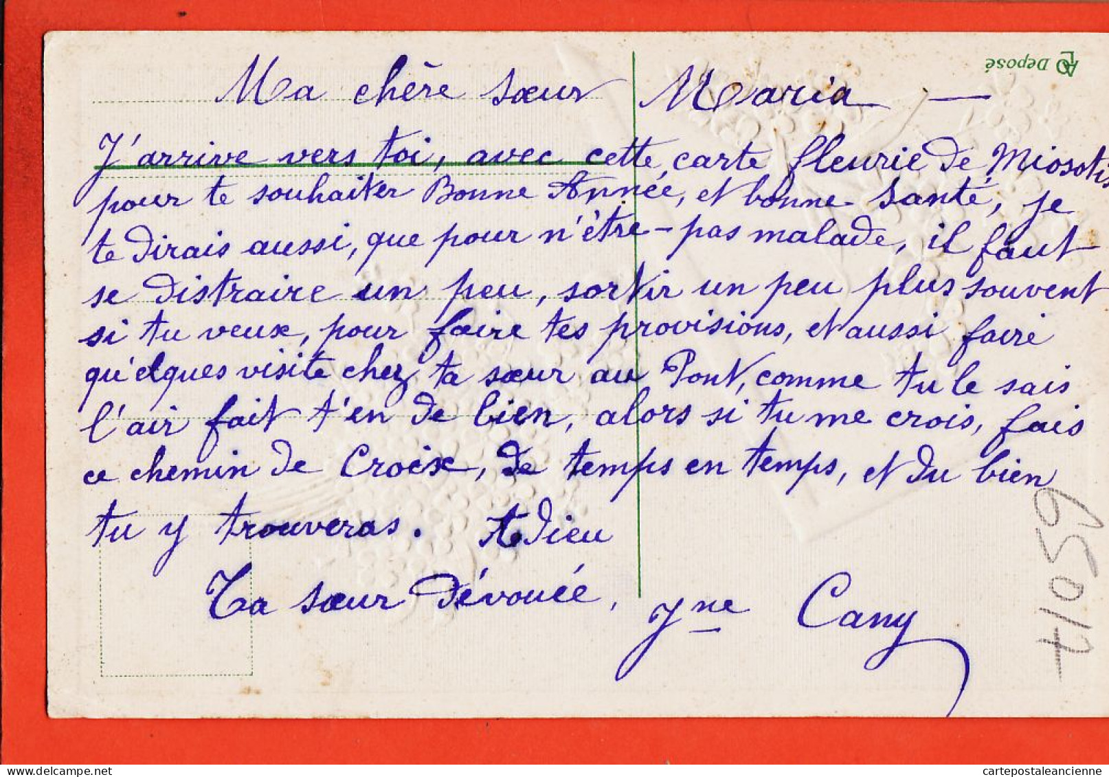 26997 / ⭐ Carte Gaufrée ◉ Modeste Offrande Du Coeur Bouquet Miosotis 1912 De Jeannine CANY à Sa Soeur Maria  - Sonstige & Ohne Zuordnung