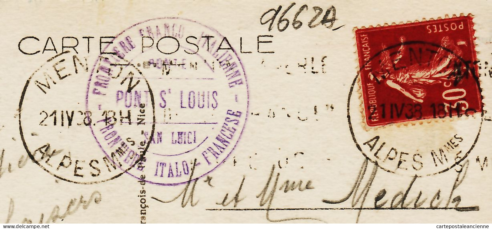26870 / ⭐ Tampon FRONTIERE ITALO FRANCESE - GRIMALDI Bar PONTE SAN LUIGI  24.04.1938 - CIGOGNE Italia Italie - Imperia