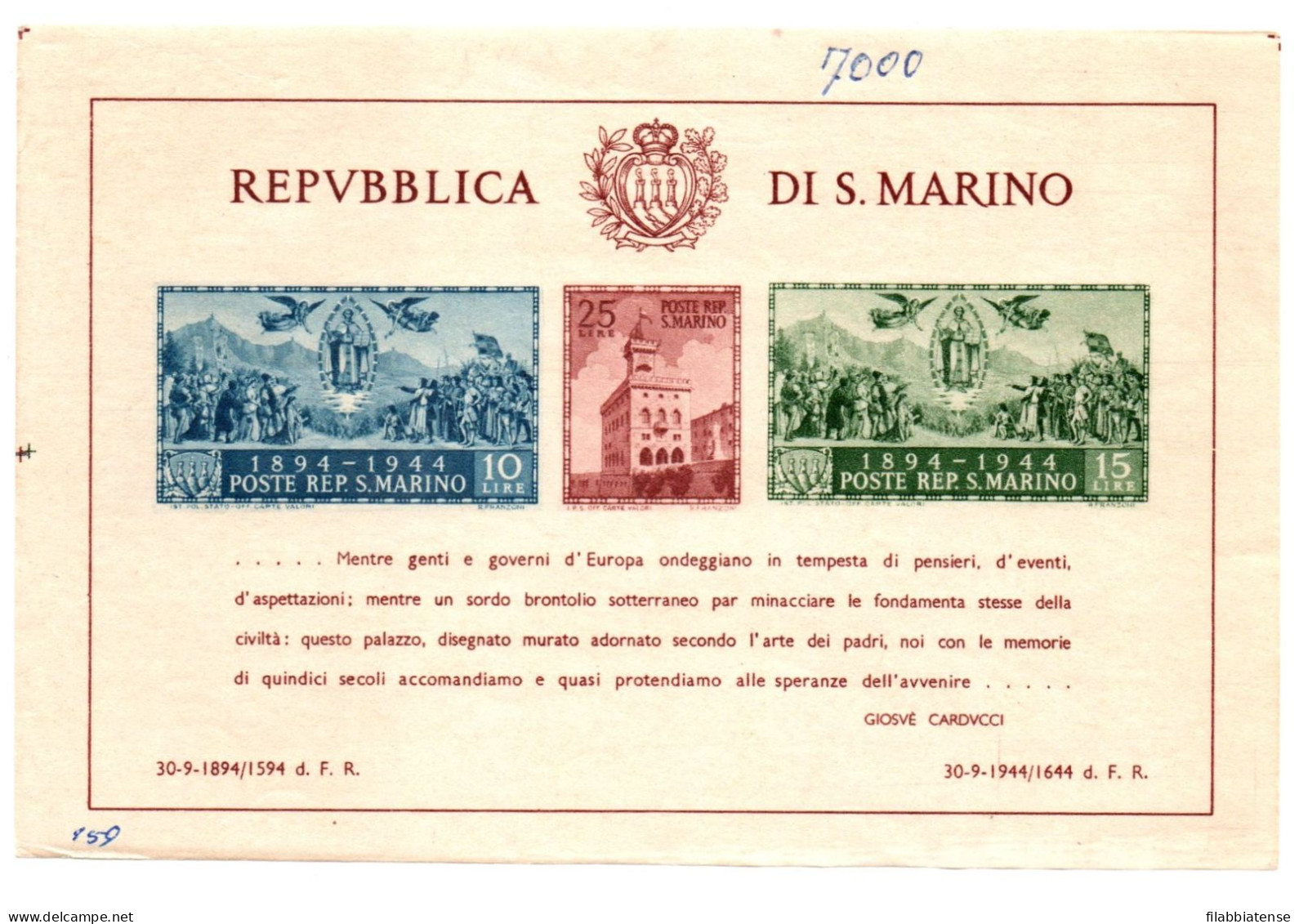 1945 - San Marino BF 7 Carducci ND   +++++++ - Nuovi