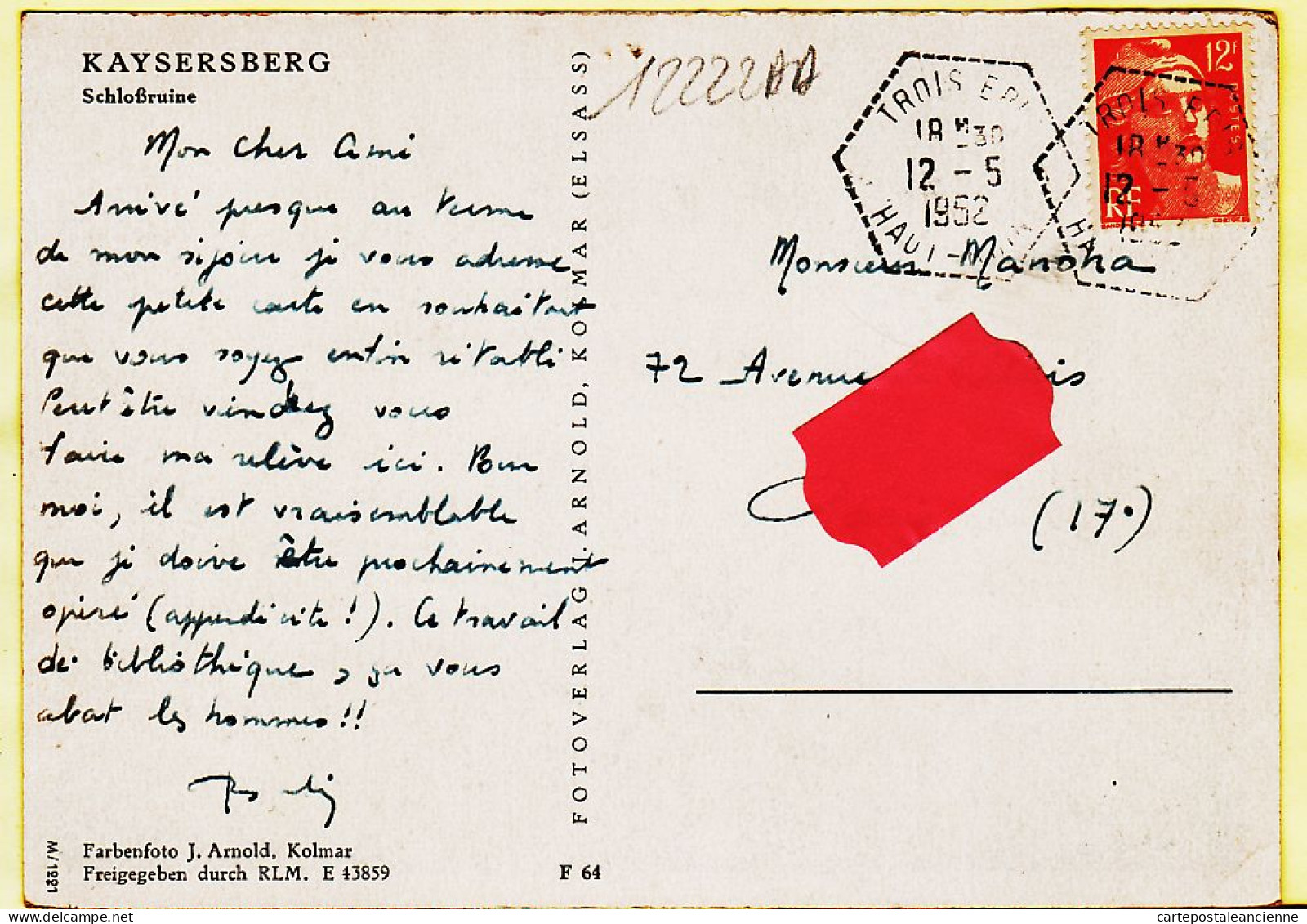 26717 / ⭐ 68-Haut Rhin Cachet Poste Hexagonal Recette Auxiliaire TROIS EPIS 12.05.1952 KAYSERSBERG Schlossruine Alsace - Kaysersberg