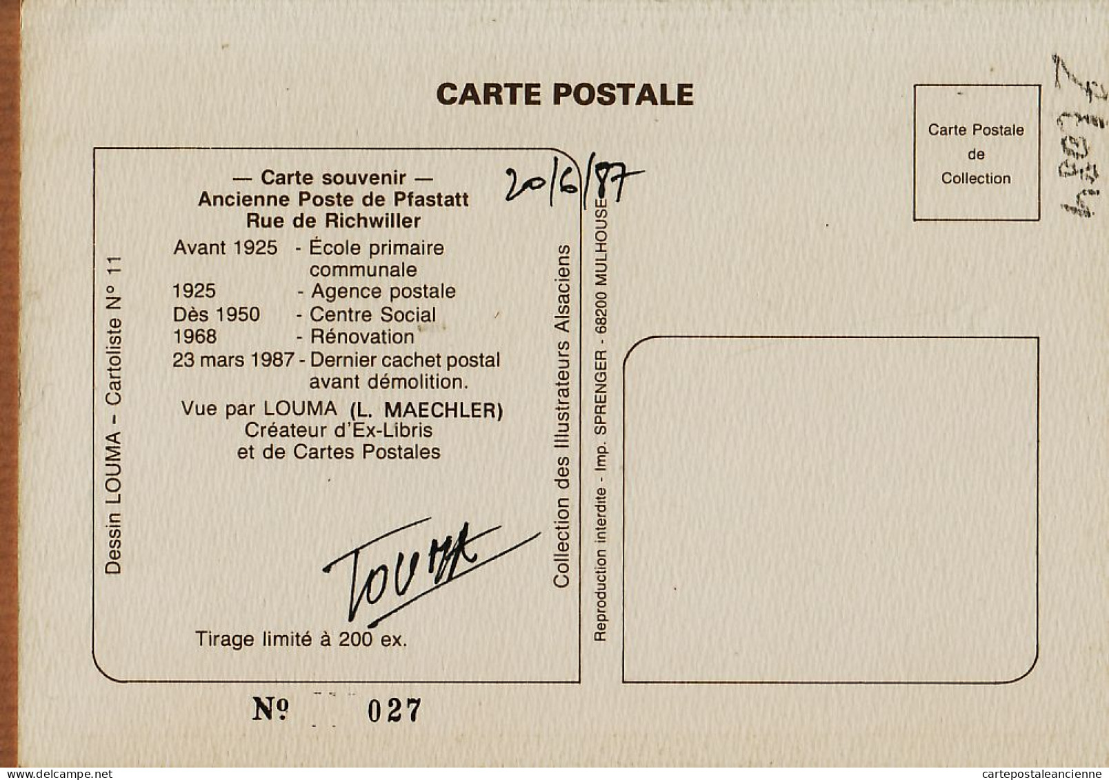 26570 / ⭐ ♥️  68-PFASCHT PFASTATT Ancienne Poste ALTA POSCHT AUTOGRAPHE N°27/200 LOUMA MAECHLER 20.06.1987 -N°11 - Other & Unclassified