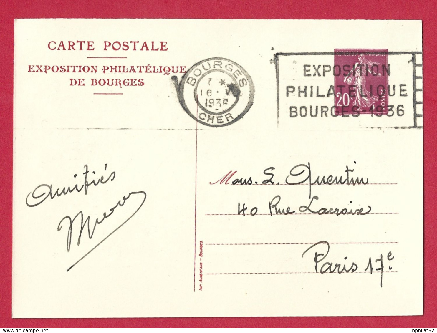 !!! ENTIER POSTAL TSC POUR PARIS DE L'EXPOSITION PHILATÉLIQUE DE BOURGES DE 1936, ROUGE - Cartes Postales Types Et TSC (avant 1995)