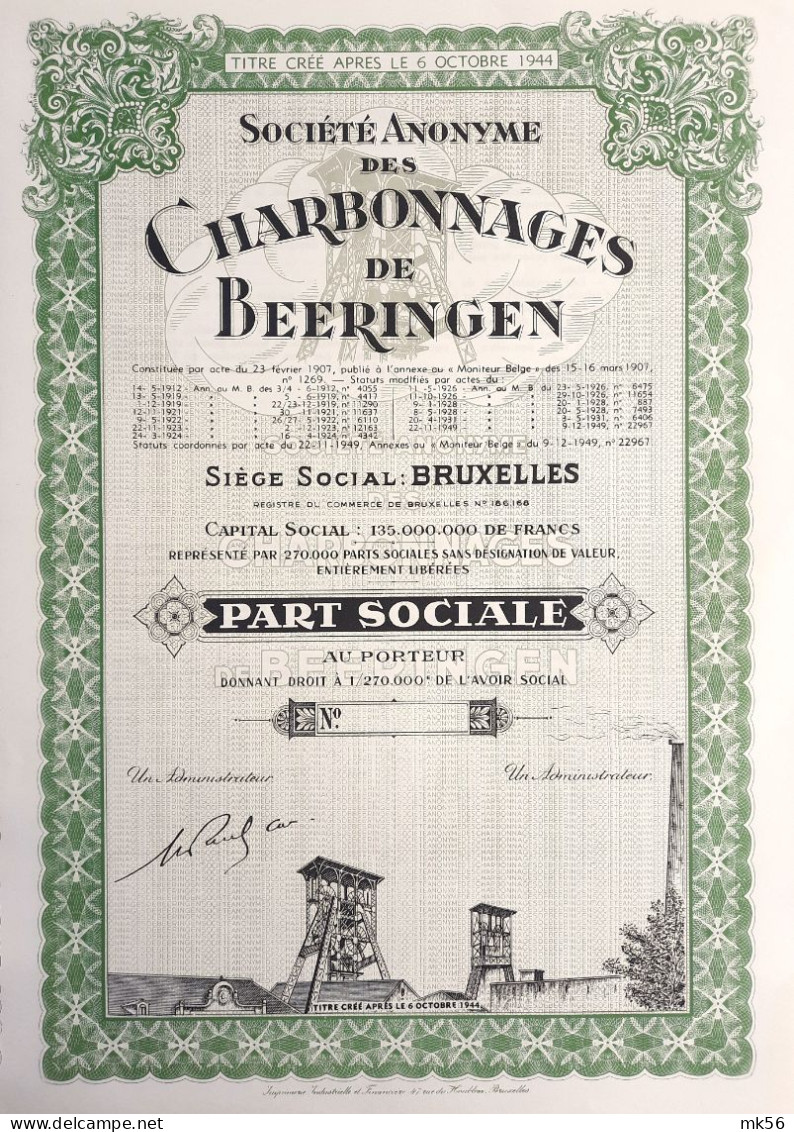 Charbonnages De Beeringen - UNC - 1949 - Part Social - Mijnen