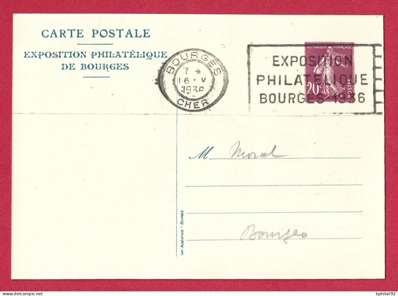 !!! ENTIER POSTAL TSC DE L'EXPOSITION PHILATÉLIQUE DE BOURGES DE 1936, BLEU - Standard Postcards & Stamped On Demand (before 1995)