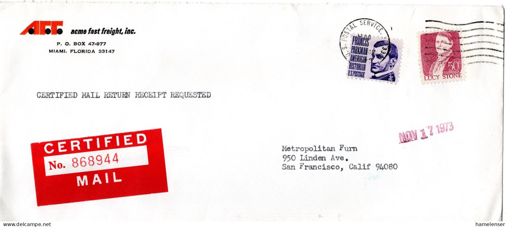 L77538 - USA - 1973 - 50¢ Stone MiF A Einfach-R-RSchBf U.S.POSTAL SERVICE FL 330 -> San Francisco, CA - Cartas & Documentos