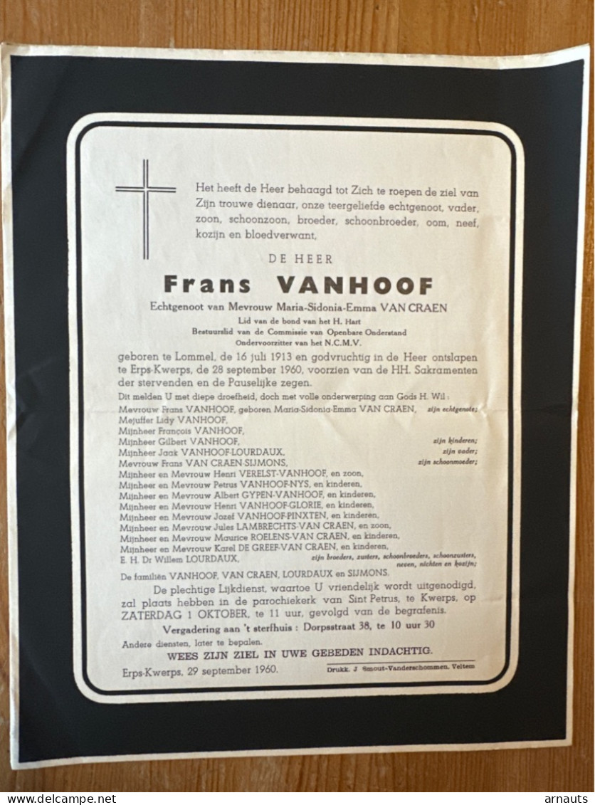 Frans Vanhoof Echtg Van Craen NCMV *1913 Lommel +1960 Erps-Kwerps Druk Veltem Stempel Kortenberg Sijmons Gypen Roelens D - Décès