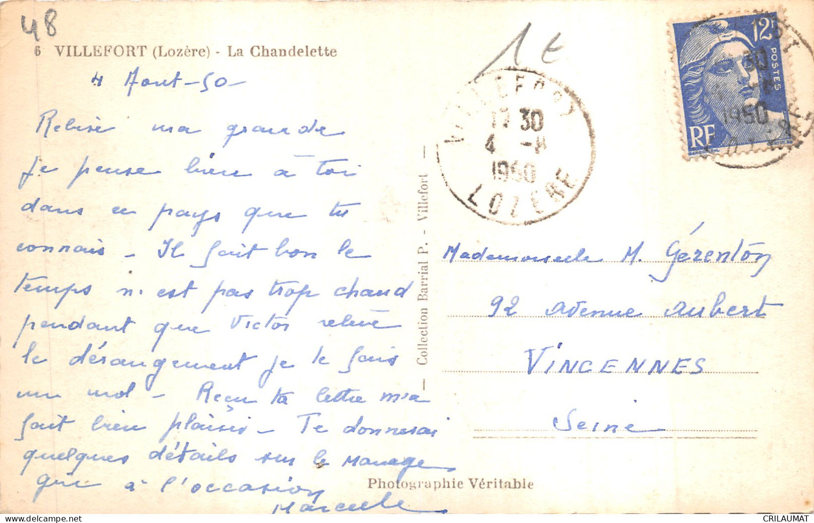 48-VILLEFORT-LA CHANDELETTE-N°6023-A/0149 - Villefort