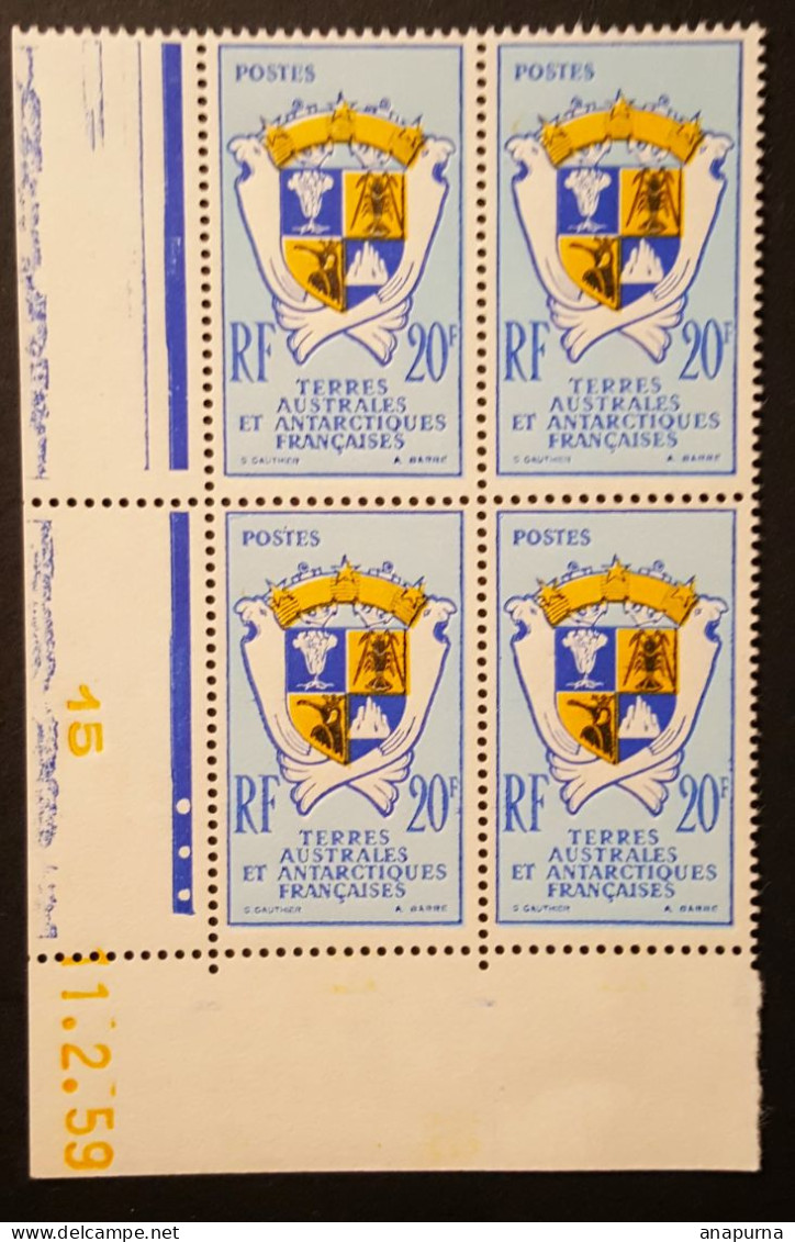 Timbre TAAF, BLOC DE 4 COIN Daté, YT 15 Faune Armoirie, EPF Missions PEV, Sans Charnière - Unused Stamps