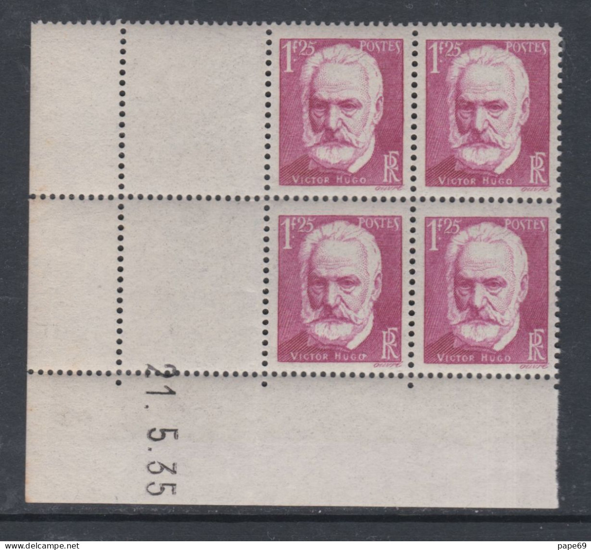 France N° 304 XX Cinquantenaire Mort De Victor Hugo En Boc De 4 Coin Daté Du  21 . 5 . 35, Sans Charnière , TB - 1930-1939