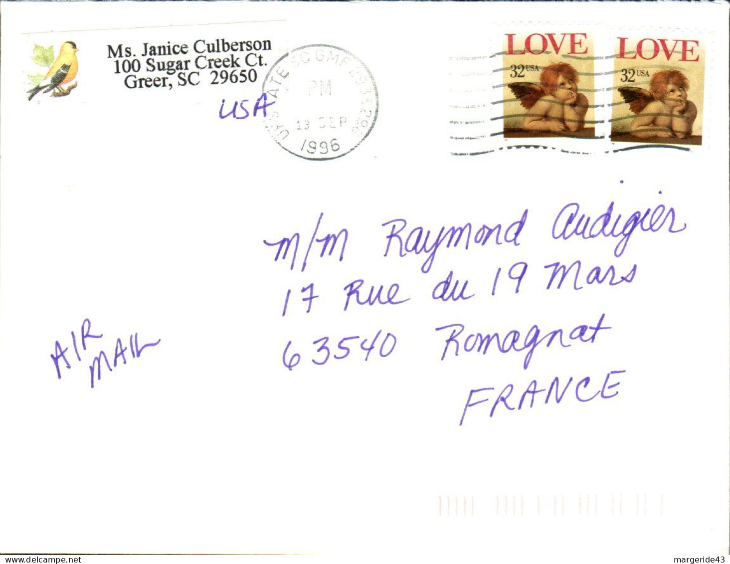 USA ETATS UNIS AFFRANCHISSEMENT COMPOSE SUR LETTRE POUR LA FRANCE 1996 - Covers & Documents